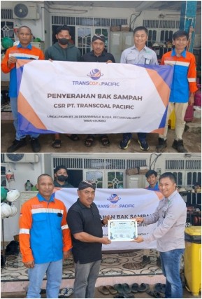Perkuat Sinergi dengan Masyarakat, PT Transcoal Pacific Tbk Salurkan 50 Unit Bak Sampah di Desa Makmur Mulia